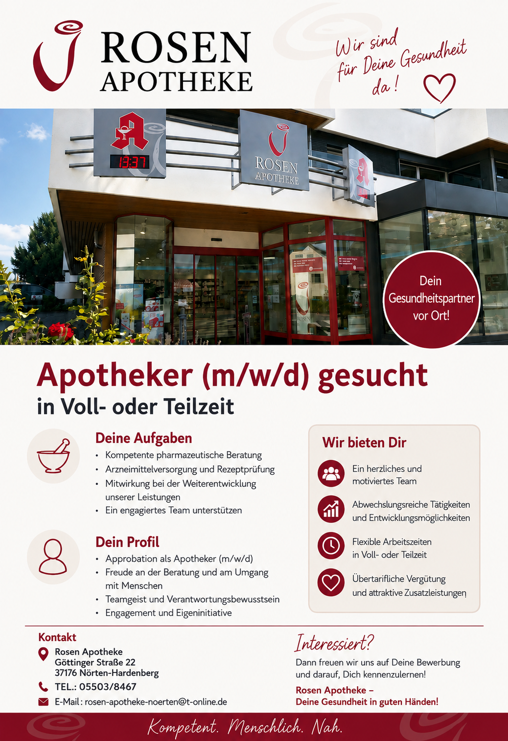 Die Rosen Apotheke in Nörten-Hardenberg sucht einen Apotheker (m/w/d) in Voll- oder Teilzeit. Geboten werden flexible Arbeitszeiten, übertarifliche Vergütung, Zusatzleistungen und Entwicklungsmöglichkeiten.